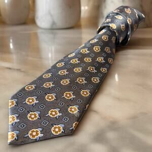 Ermenegildo Zegna Men’s Silk Tie Gray Orange Floral Print Silk Made in Italy